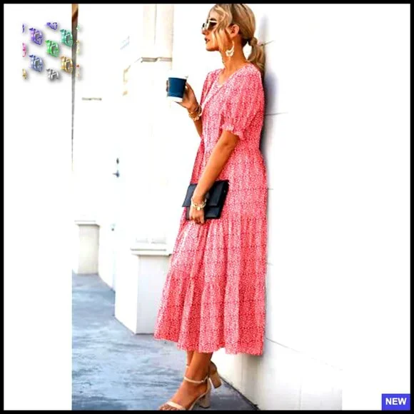 Floral Boho Midi Dress Casual Summer Puff Sleeve Flowy Beach Vacation Sundress - Picture 5 of 6